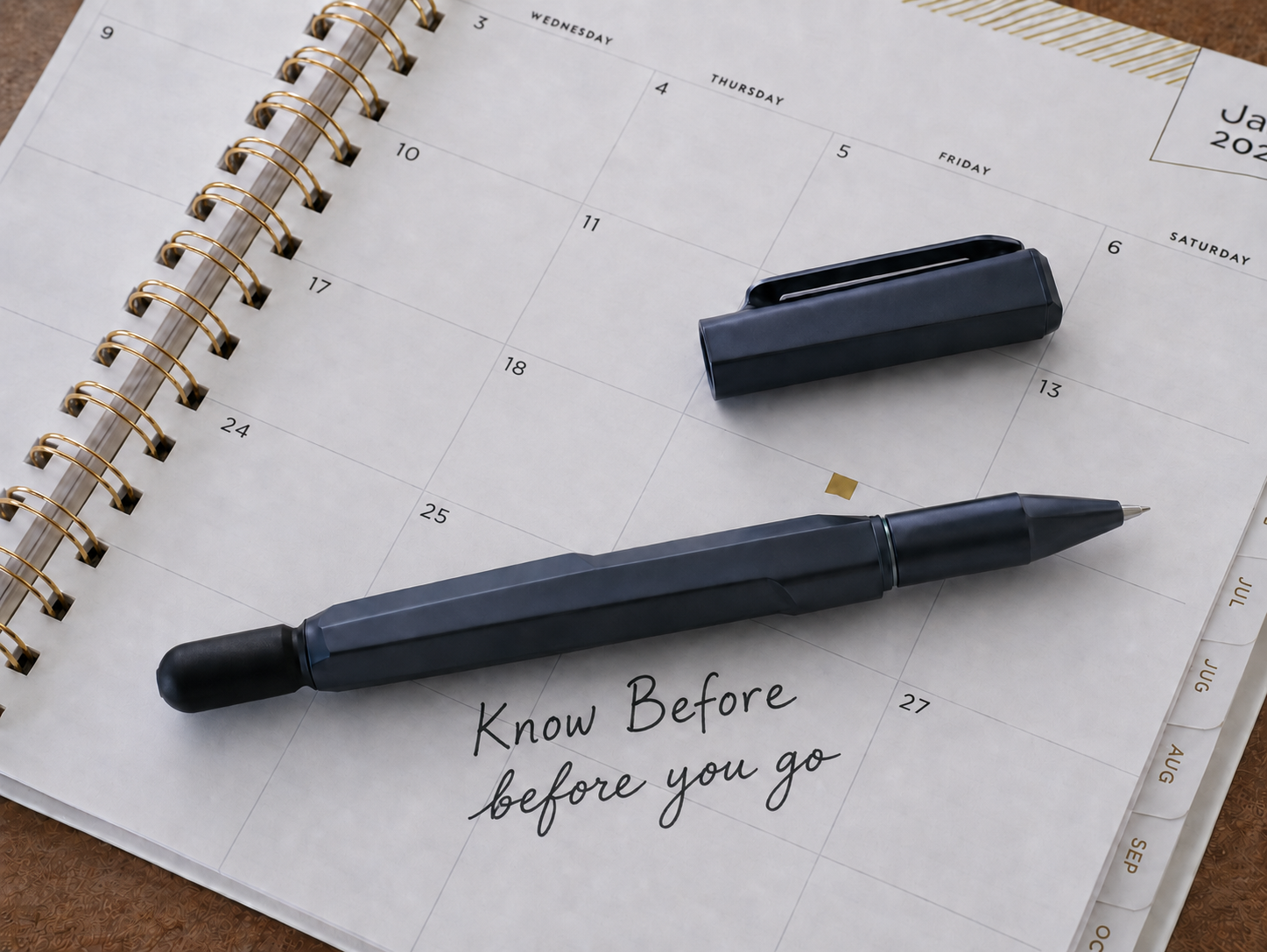 Bacrub pen on a calendar with know before you go message