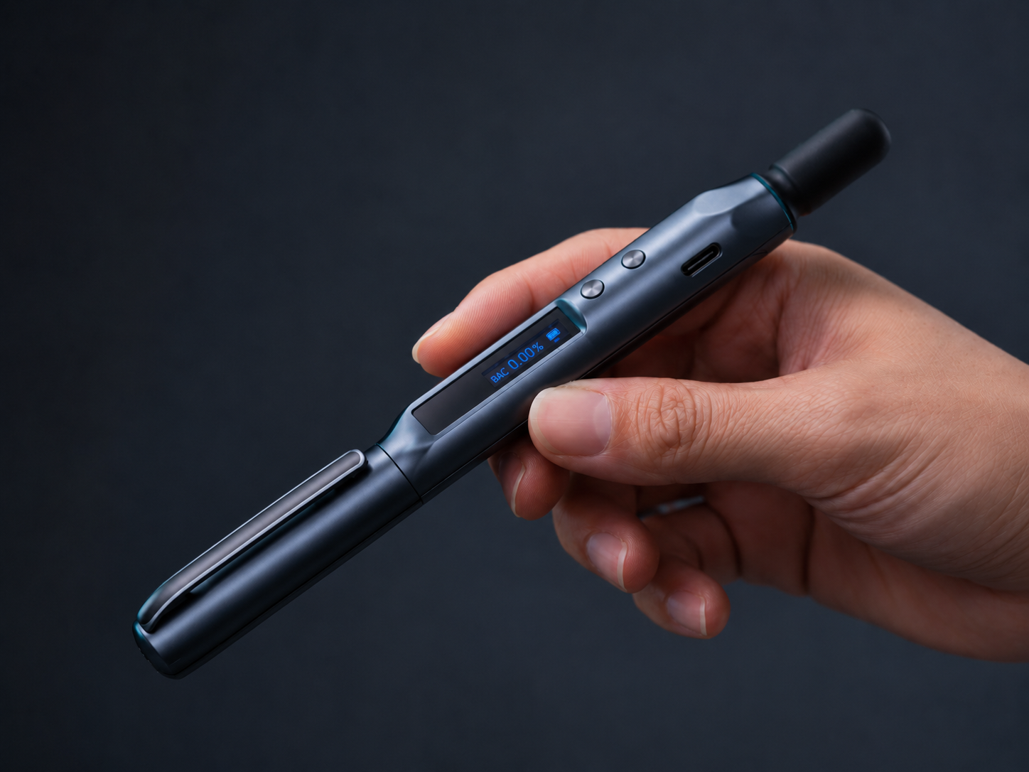 Bacrub pen breathalyzer with BAC reading on the screen and massage end cap